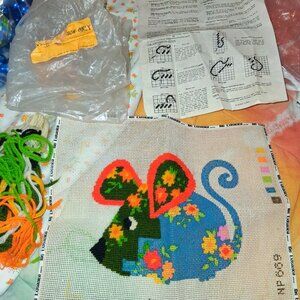Vintage Calico Mouse Needlepoint Canvas Kit With Instructional Guide